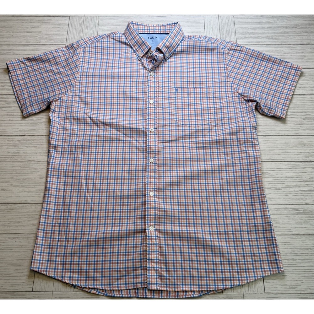 Izod Men's Short Sleeve Poly Button Up Check Print Shirt XL Blue Orange Casual‎